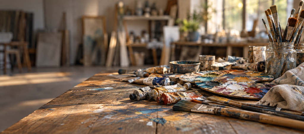 atelier de peinture avec pinceaux, tubes de peinture, prêts pour le stage.