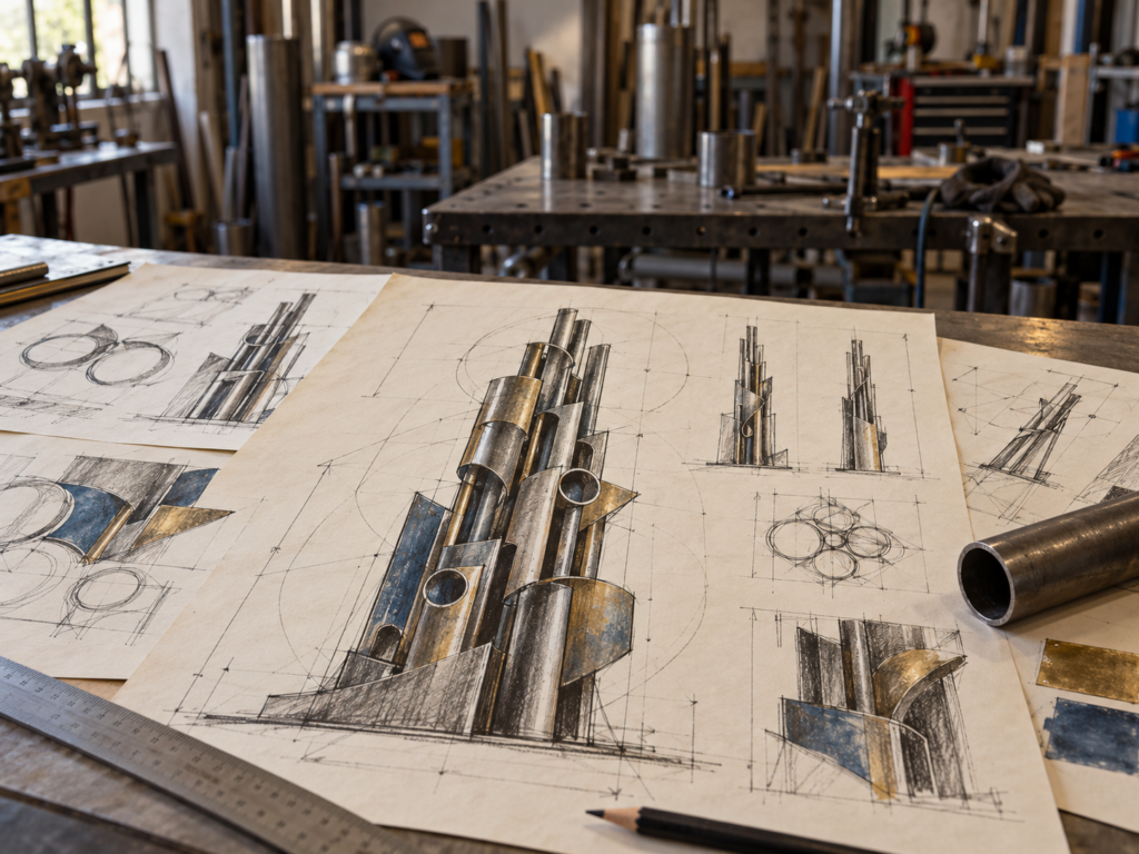 Dessins préparatoires d'une sculpture monumentale sur une table d’atelier.