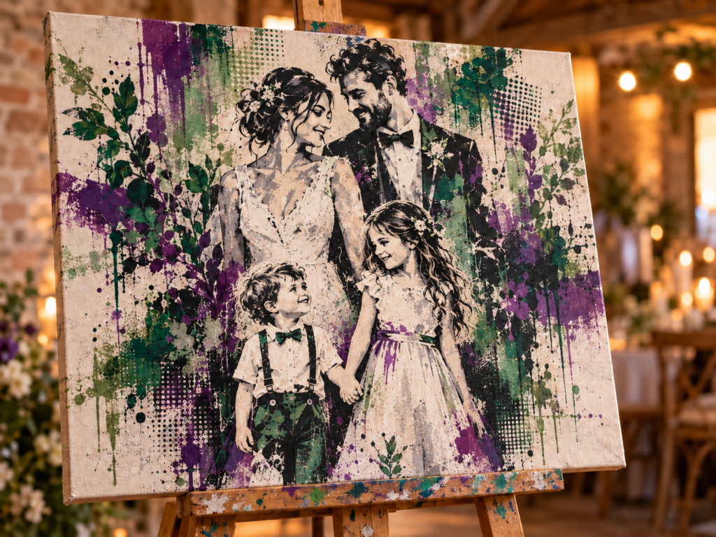 peinture en direct du mariage, avec les enfants sur le tableau.