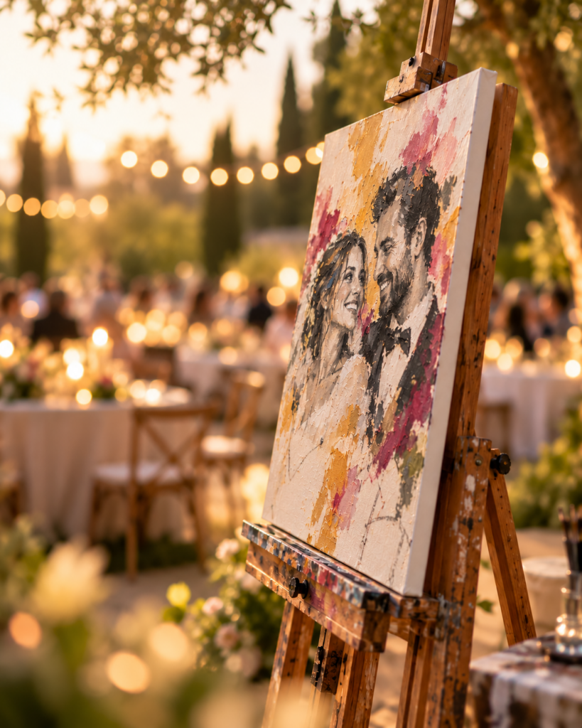 Peinture en direct de mariage, en cours, avec un couple souriant sur la toile.