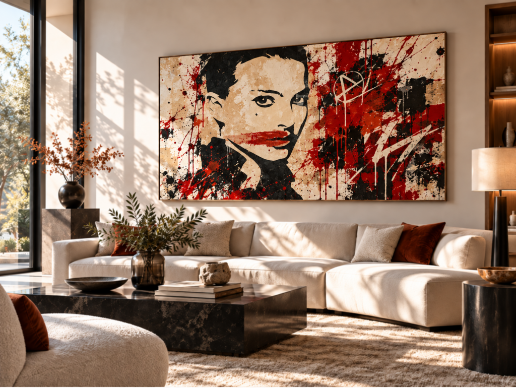 Tableau sur commande avec portrait au pochoir et street art rouge.