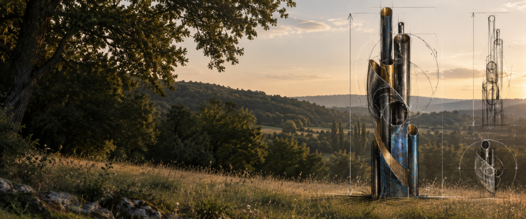 Esquisse de sculpture monumentale dans un paysage public.