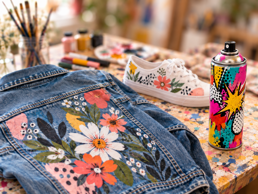 Atelier customisation veste jeans, tote bag, bombe aérosol.