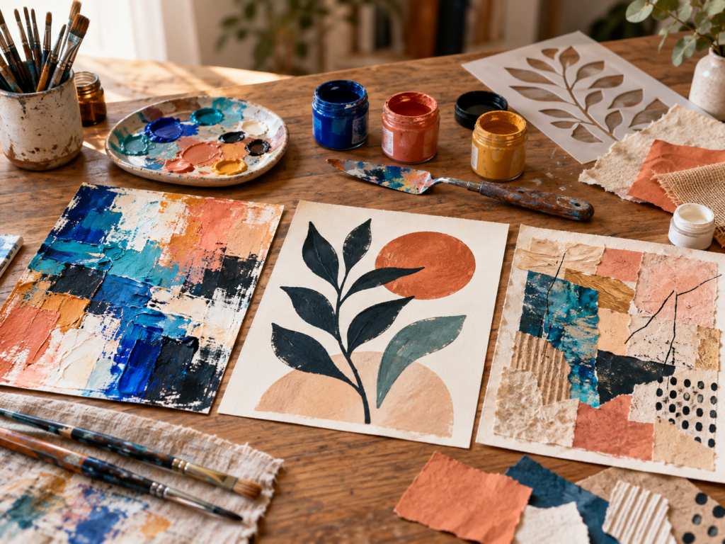 Trois créations avec des techniques de collage, pochoir et peinture.