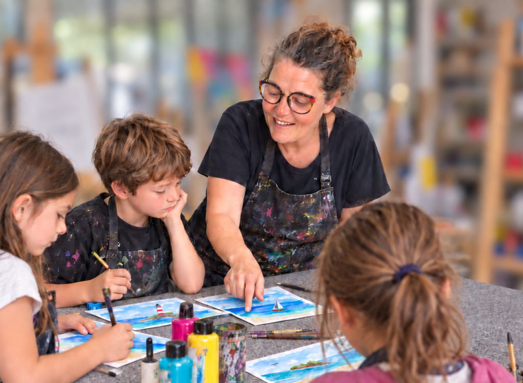 Carole dans son atelier de peinture avec les petits créateurs.