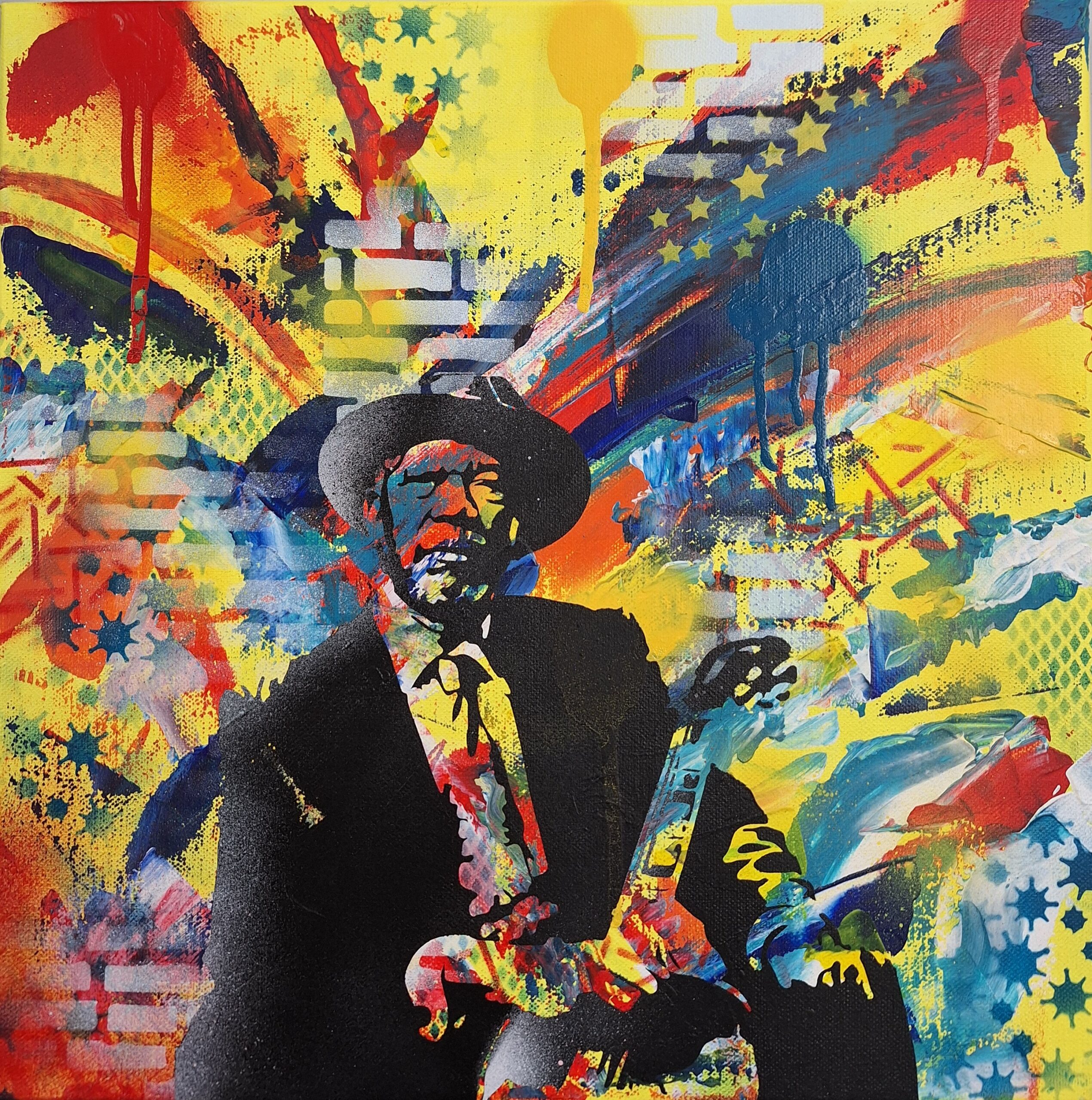 Morgan, tableau de l'artiste Carole Tournier, représentant le portrait de Morgan Freeman avec sa guitare.